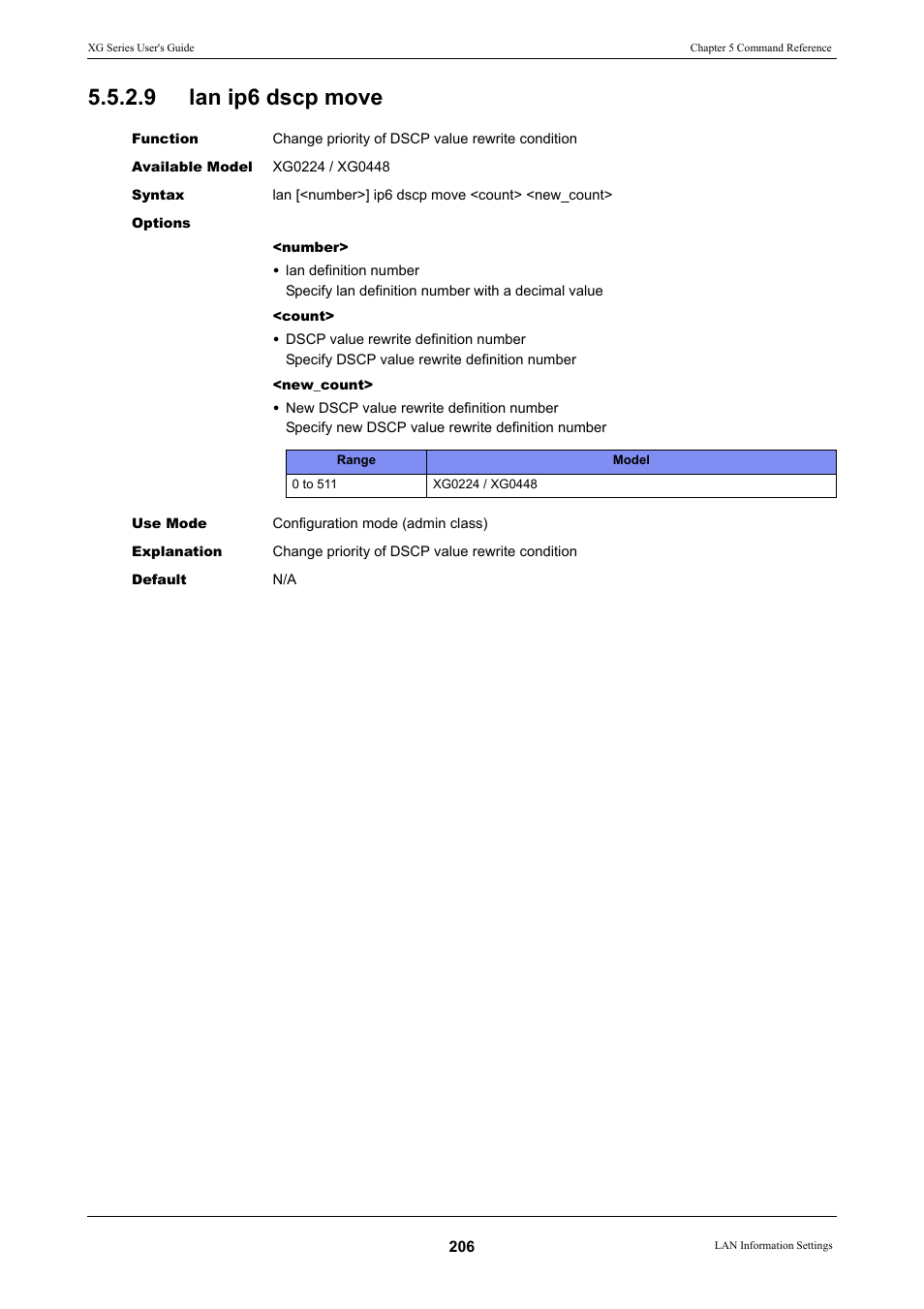 9 lan ip6 dscp move, Lan ip6 dscp move | FUJITSU XG Series P3NK-4452-01ENZD User Manual | Page 206 / 614