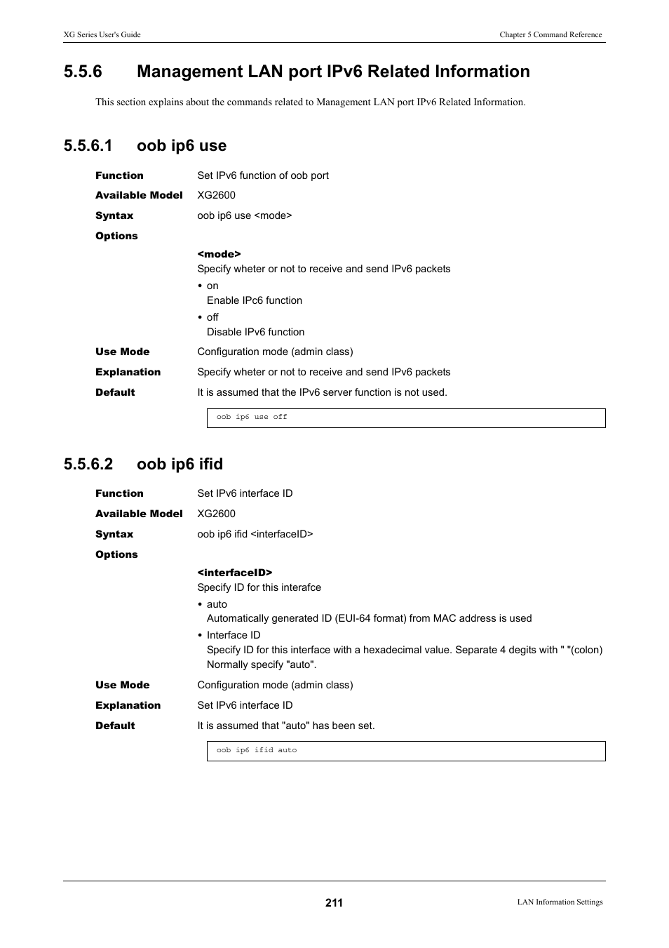 6 management lan port ipv6 related information, 1 oob ip6 use, 2 oob ip6 ifid | Oob ip6 use, Oob ip6 ifid, Management lan port ipv6 related information | FUJITSU XG Series P3NK-4452-01ENZD User Manual | Page 211 / 614