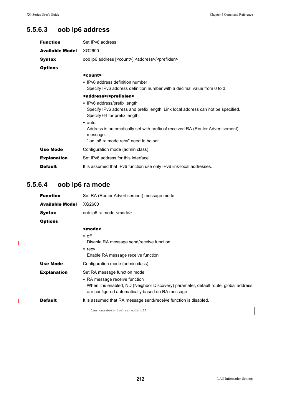 3 oob ip6 address, 4 oob ip6 ra mode, Oob ip6 address | Oob ip6 ra mode | FUJITSU XG Series P3NK-4452-01ENZD User Manual | Page 212 / 614