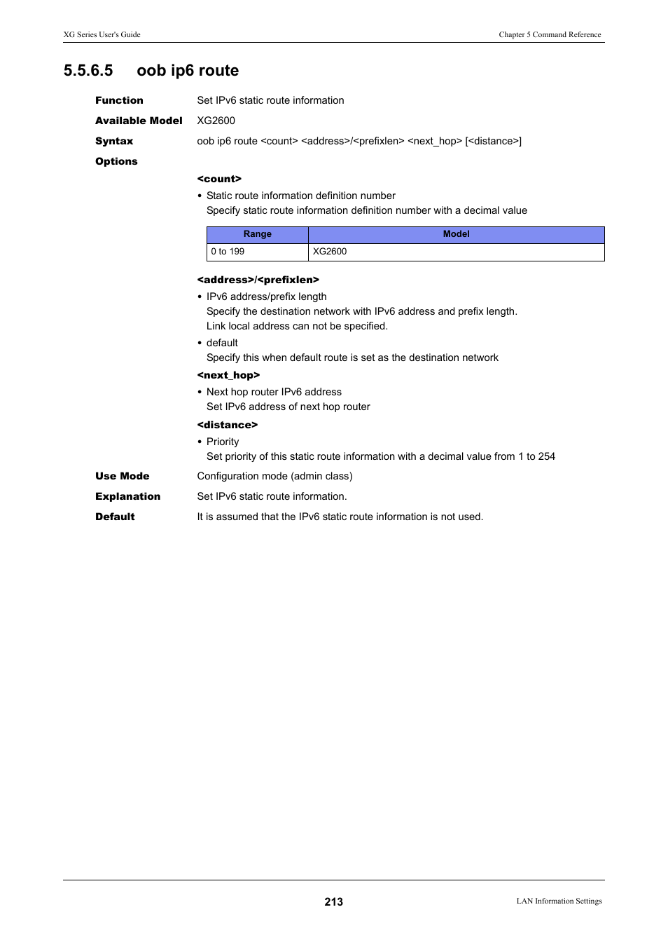 5 oob ip6 route, Oob ip6 route | FUJITSU XG Series P3NK-4452-01ENZD User Manual | Page 213 / 614