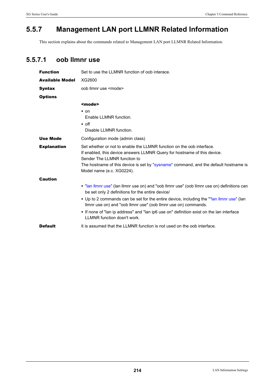 7 management lan port llmnr related information, 1 oob llmnr use, Oob llmnr use | Management lan port llmnr related information | FUJITSU XG Series P3NK-4452-01ENZD User Manual | Page 214 / 614