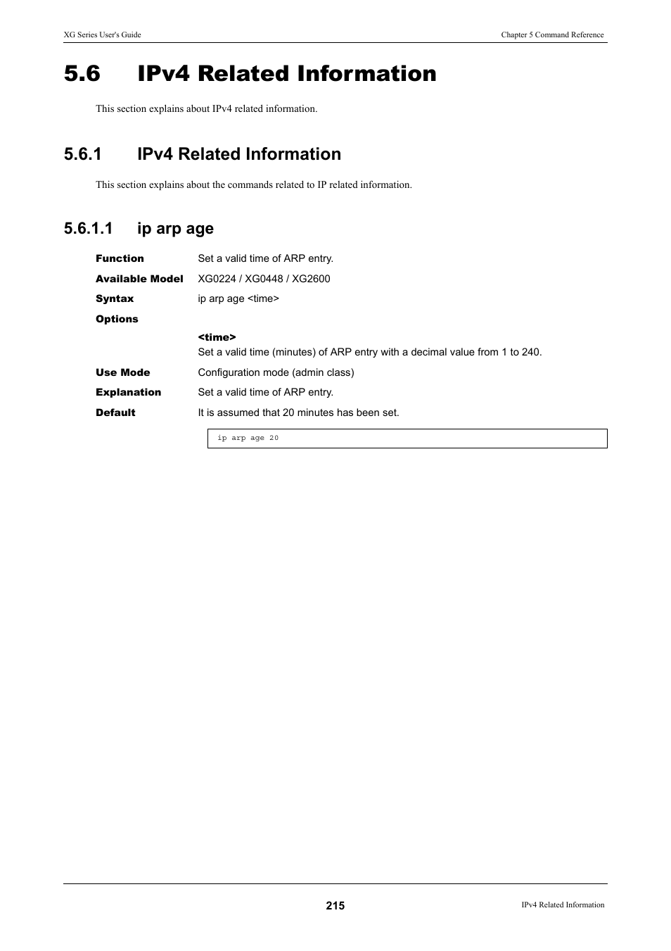 6 ipv4 related information, 1 ipv4 related information, 1 ip arp age | Ipv4 related information, Ipv4 related information 5.6.1.1, Ip arp age | FUJITSU XG Series P3NK-4452-01ENZD User Manual | Page 215 / 614