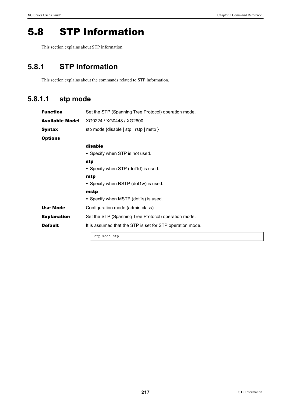 8 stp information, 1 stp information, 1 stp mode | Stp information, Stp information 5.8.1.1, Stp mode | FUJITSU XG Series P3NK-4452-01ENZD User Manual | Page 217 / 614