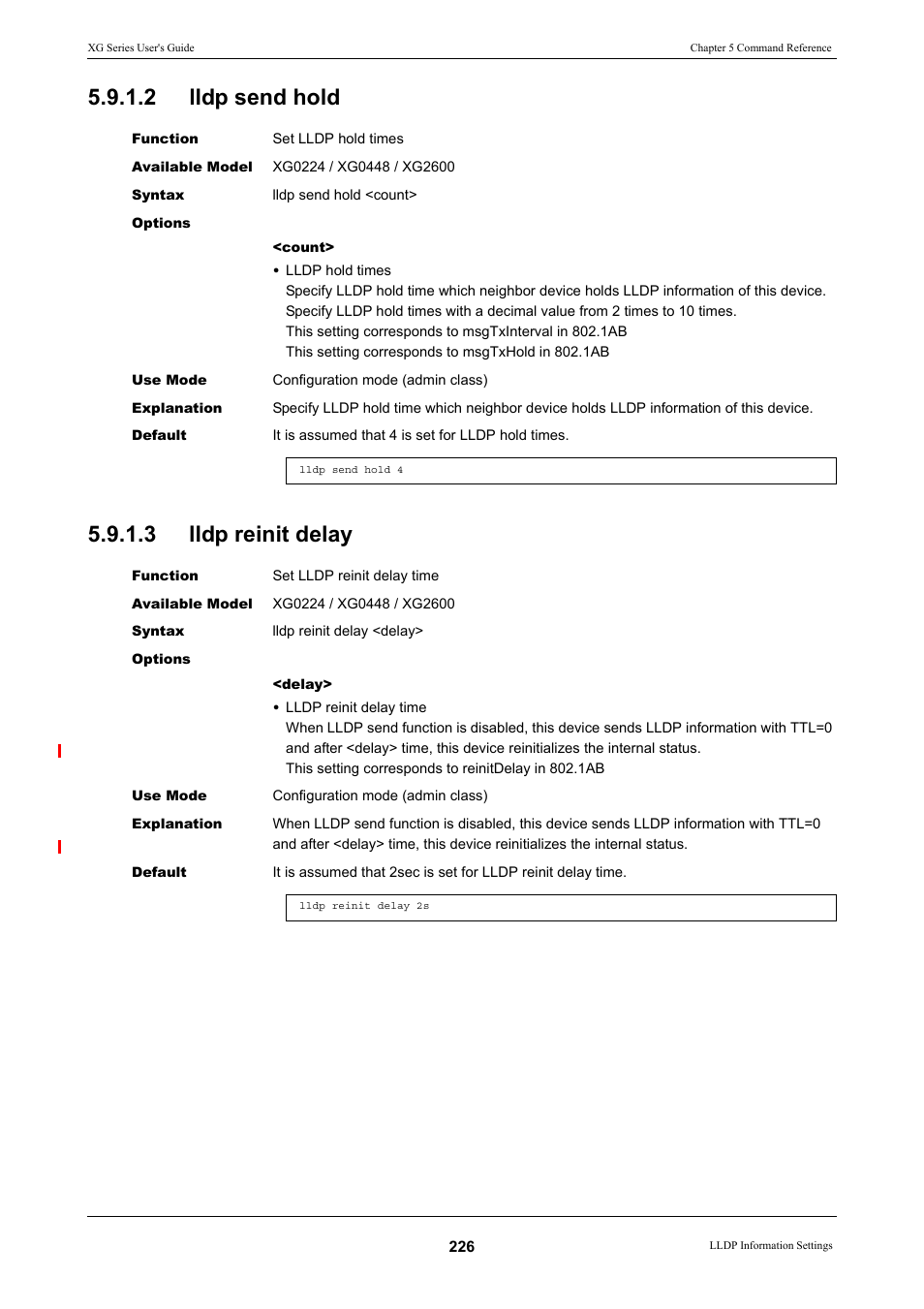 2 lldp send hold, 3 lldp reinit delay, Lldp send hold | Lldp reinit delay | FUJITSU XG Series P3NK-4452-01ENZD User Manual | Page 226 / 614
