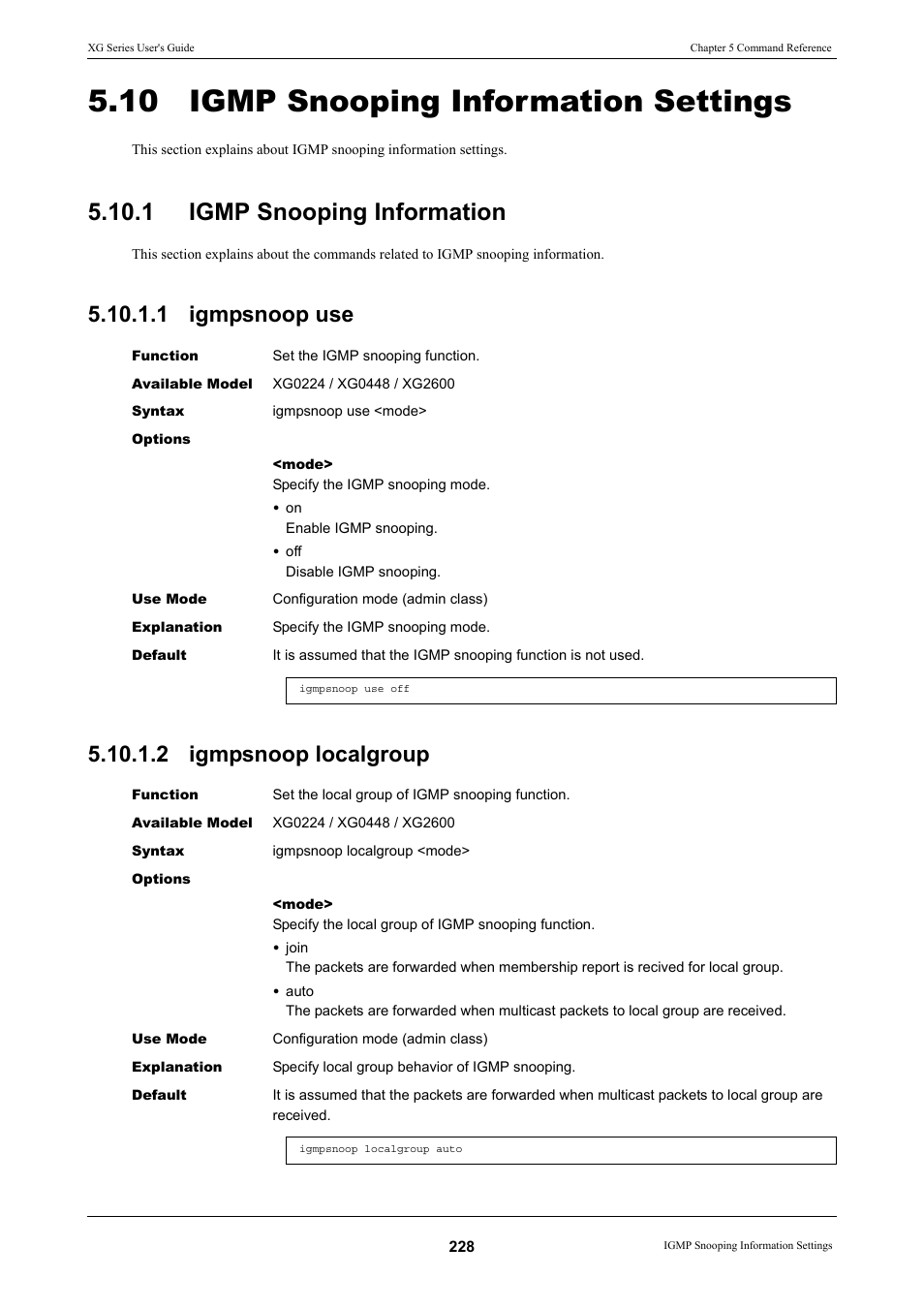 10 igmp snooping information settings, 1 igmp snooping information, 1 igmpsnoop use | 2 igmpsnoop localgroup | FUJITSU XG Series P3NK-4452-01ENZD User Manual | Page 228 / 614