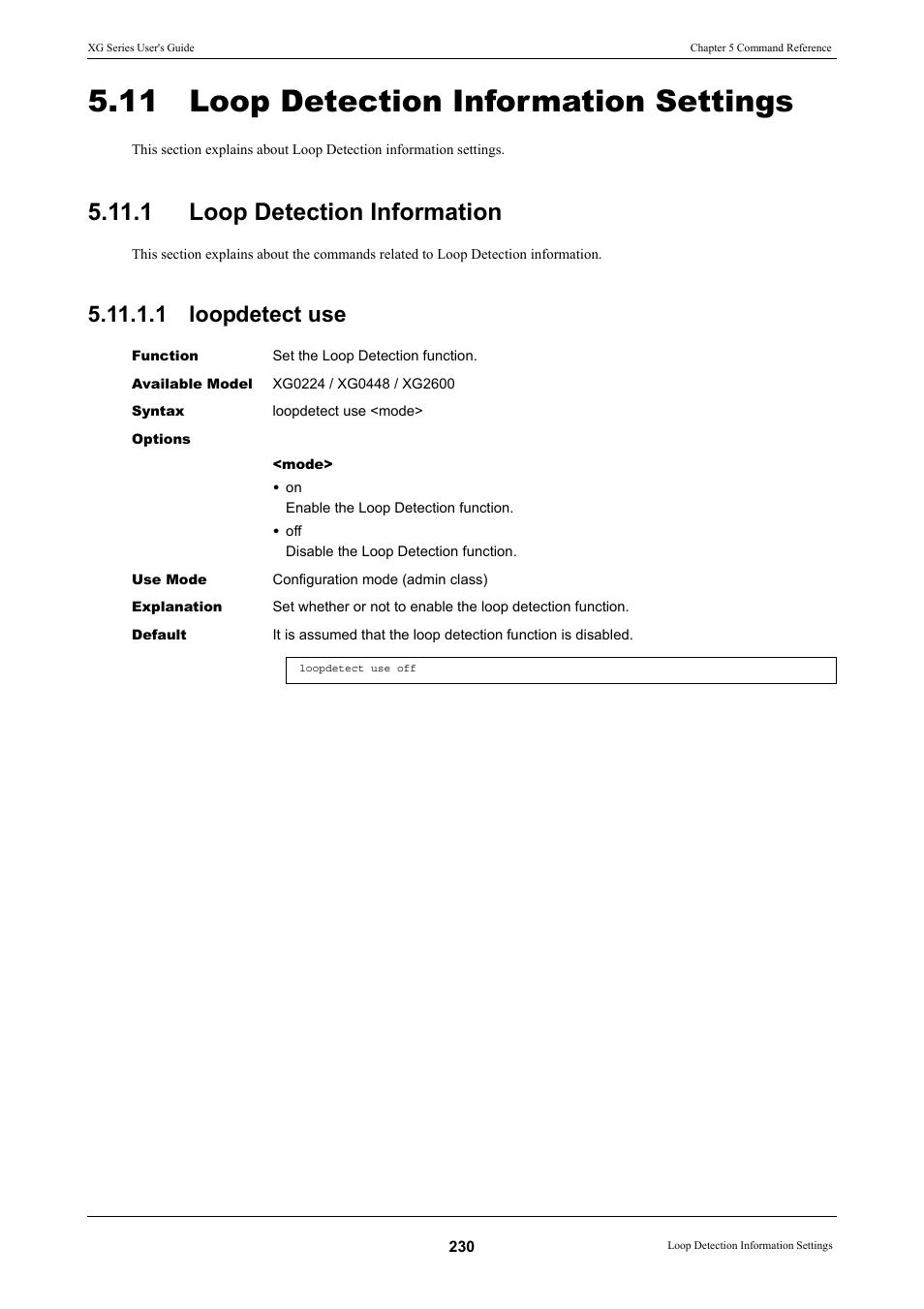 11 loop detection information settings, 1 loop detection information, 1 loopdetect use | Loop detection information 5.11.1.1 loopdetect use | FUJITSU XG Series P3NK-4452-01ENZD User Manual | Page 230 / 614