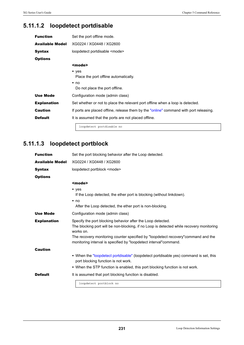 2 loopdetect portdisable, 3 loopdetect portblock | FUJITSU XG Series P3NK-4452-01ENZD User Manual | Page 231 / 614
