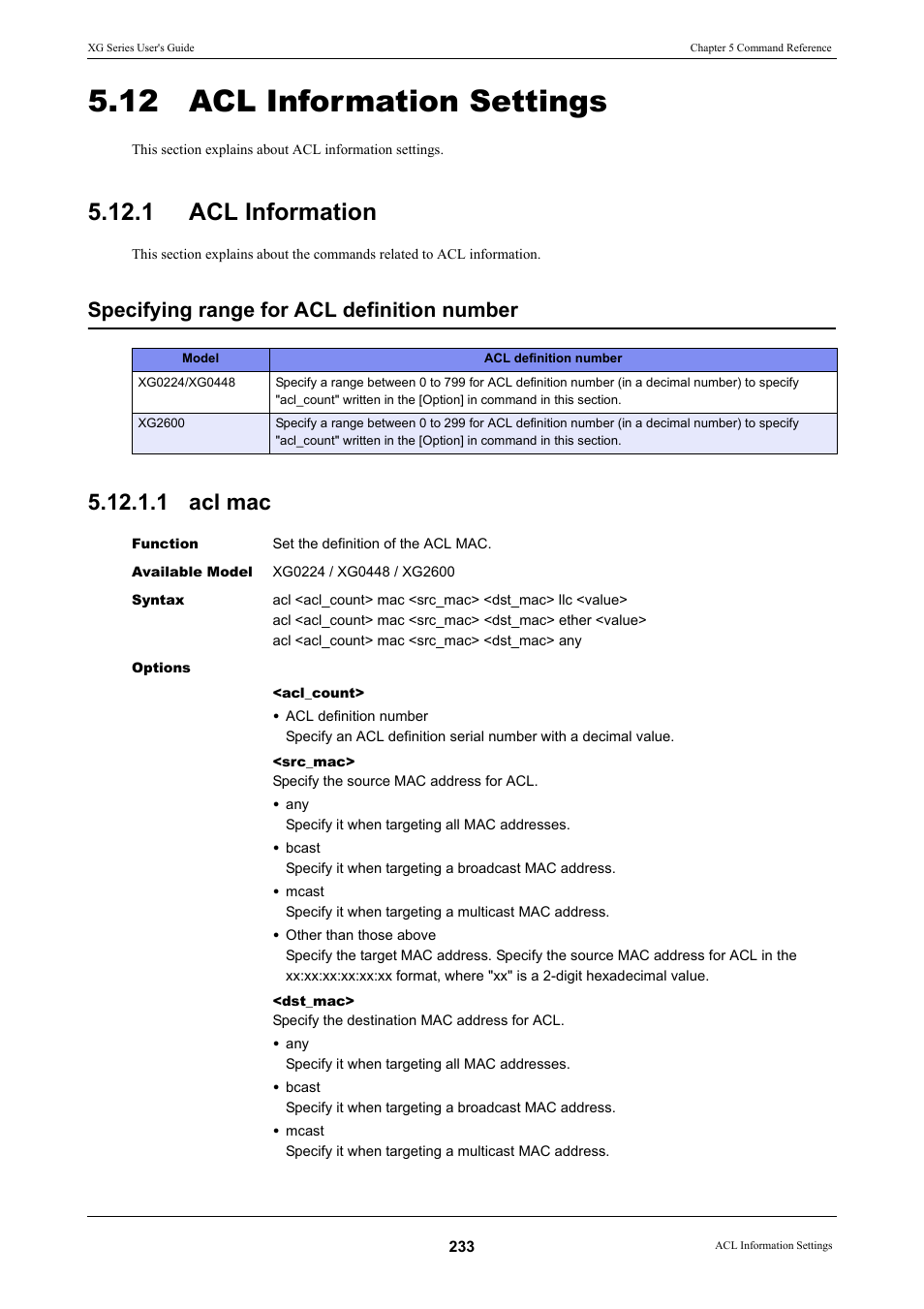 12 acl information settings, 1 acl information, 1 acl mac | Acl information 5.12.1.1 acl mac, Specifying range for acl definition number | FUJITSU XG Series P3NK-4452-01ENZD User Manual | Page 233 / 614