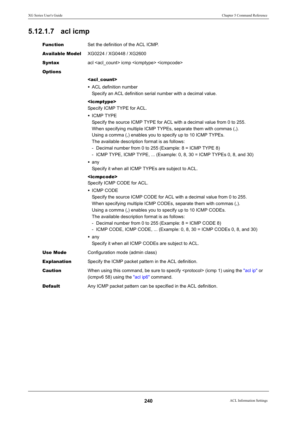 7 acl icmp | FUJITSU XG Series P3NK-4452-01ENZD User Manual | Page 240 / 614