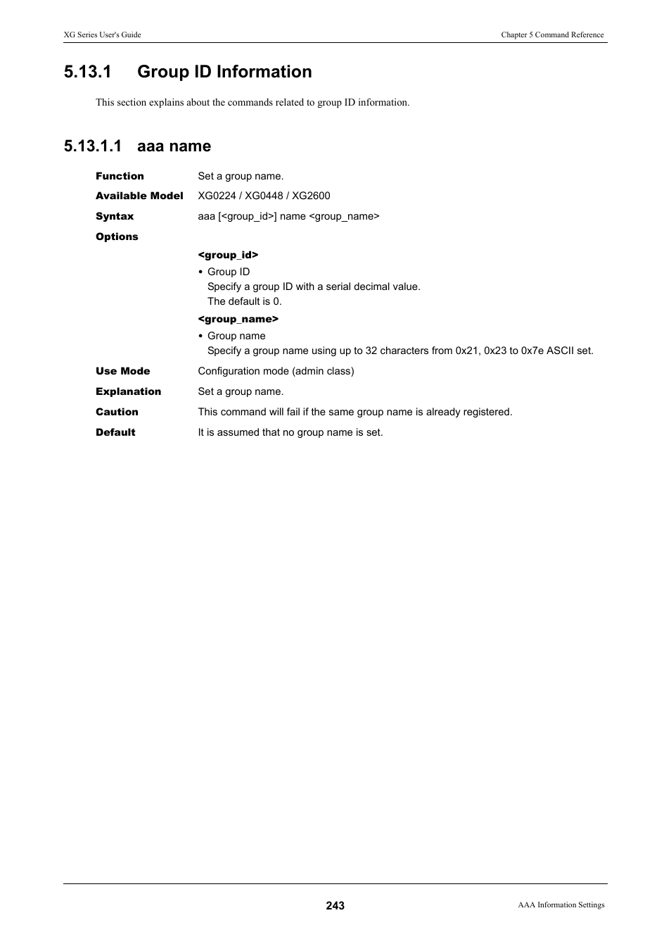 1 group id information, 1 aaa name, Group id information 5.13.1.1 aaa name | FUJITSU XG Series P3NK-4452-01ENZD User Manual | Page 243 / 614