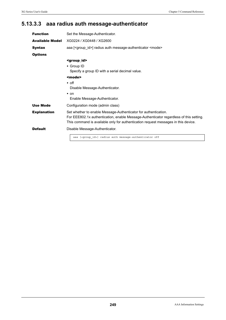 3 aaa radius auth message-authenticator | FUJITSU XG Series P3NK-4452-01ENZD User Manual | Page 249 / 614