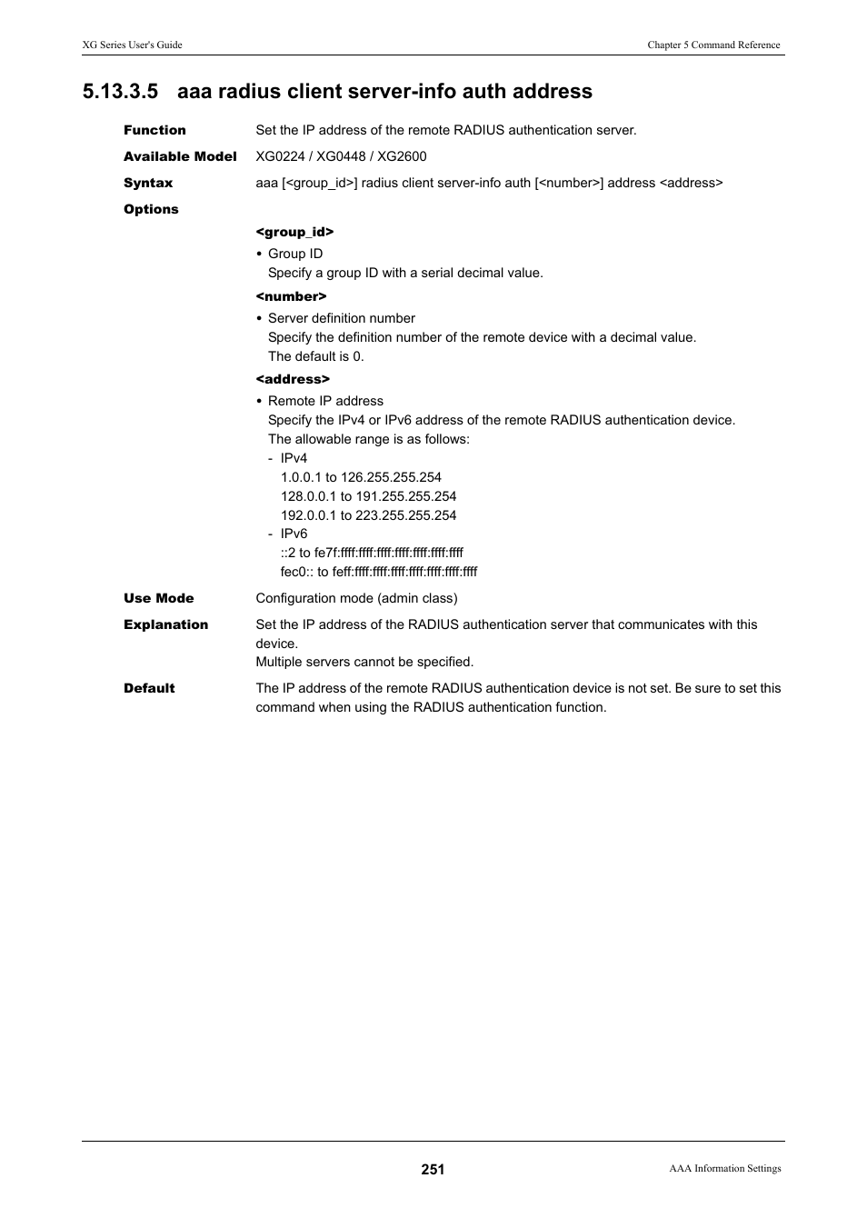 5 aaa radius client server-info auth address | FUJITSU XG Series P3NK-4452-01ENZD User Manual | Page 251 / 614