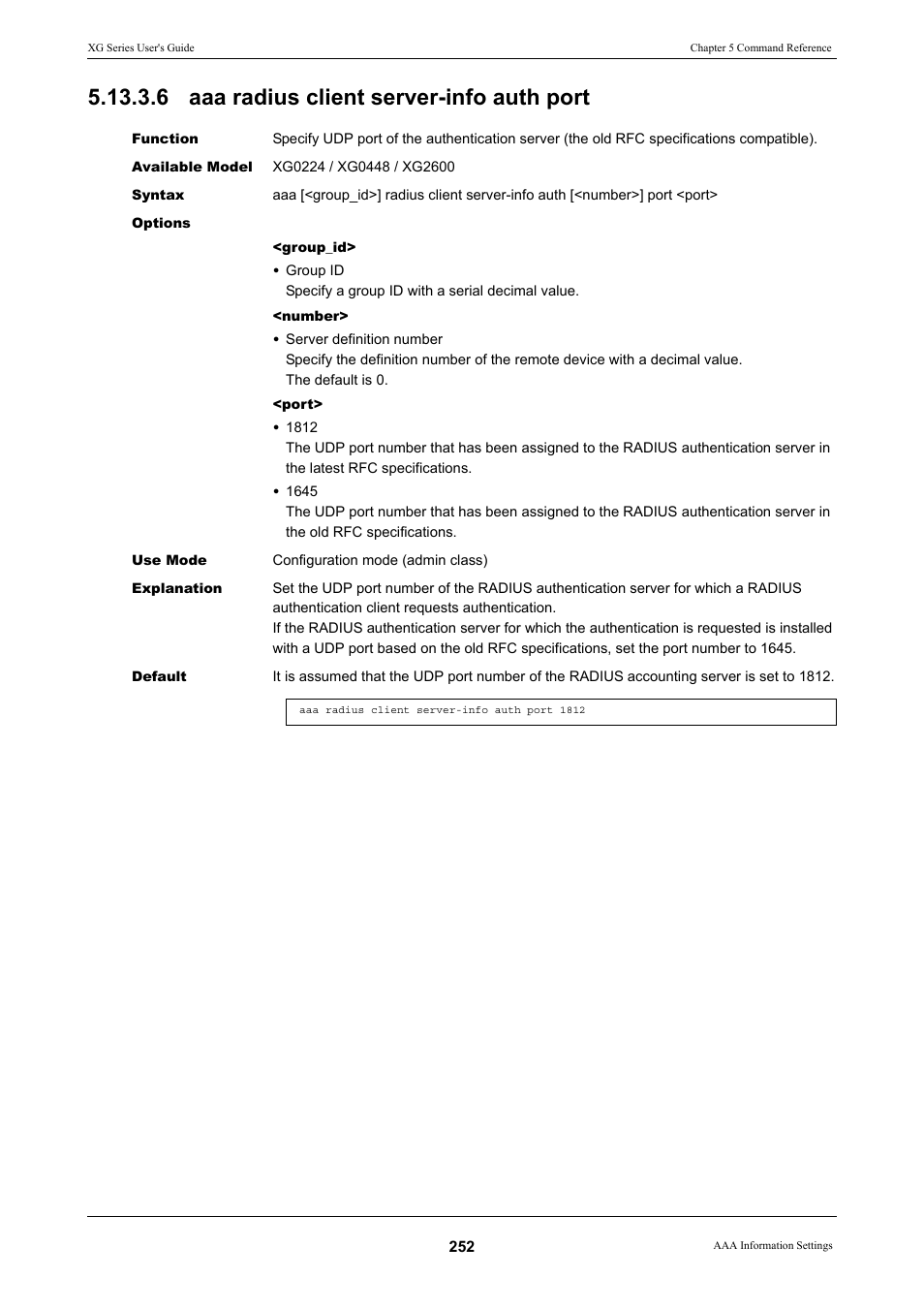 6 aaa radius client server-info auth port | FUJITSU XG Series P3NK-4452-01ENZD User Manual | Page 252 / 614
