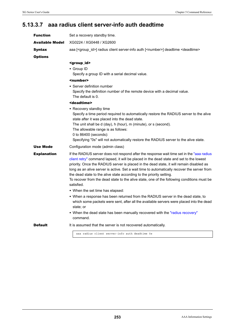 7 aaa radius client server-info auth deadtime | FUJITSU XG Series P3NK-4452-01ENZD User Manual | Page 253 / 614