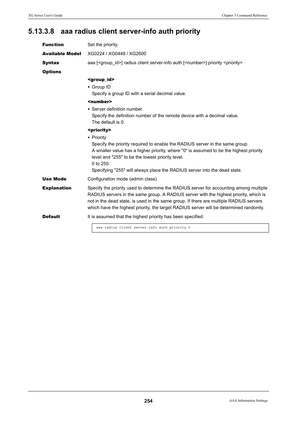 8 aaa radius client server-info auth priority | FUJITSU XG Series P3NK-4452-01ENZD User Manual | Page 254 / 614