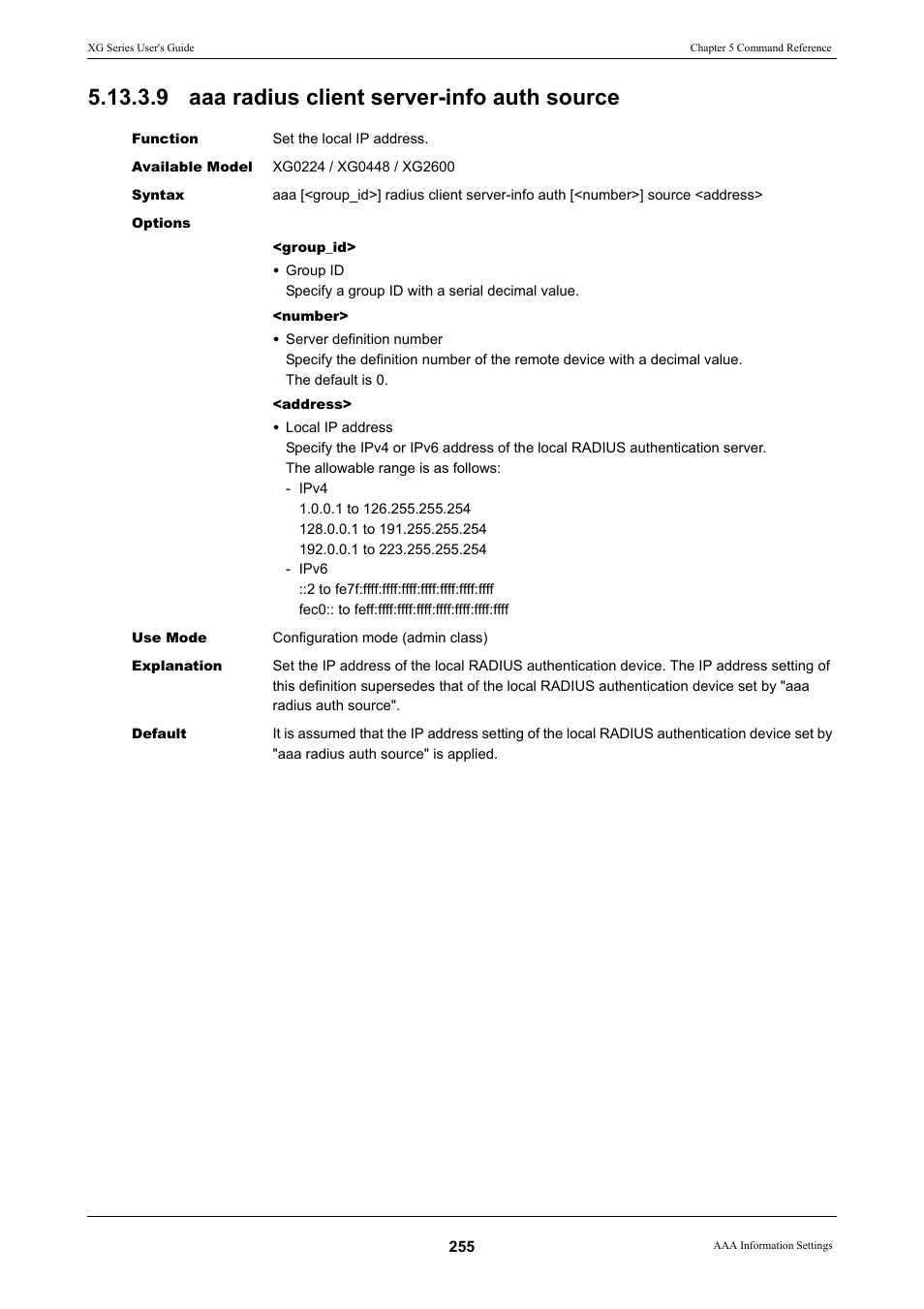 9 aaa radius client server-info auth source | FUJITSU XG Series P3NK-4452-01ENZD User Manual | Page 255 / 614