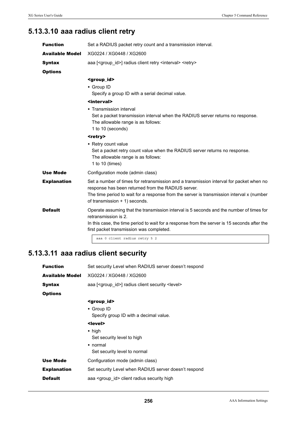 10 aaa radius client retry, 11 aaa radius client security, Aaa radius | Client retry, Command | FUJITSU XG Series P3NK-4452-01ENZD User Manual | Page 256 / 614