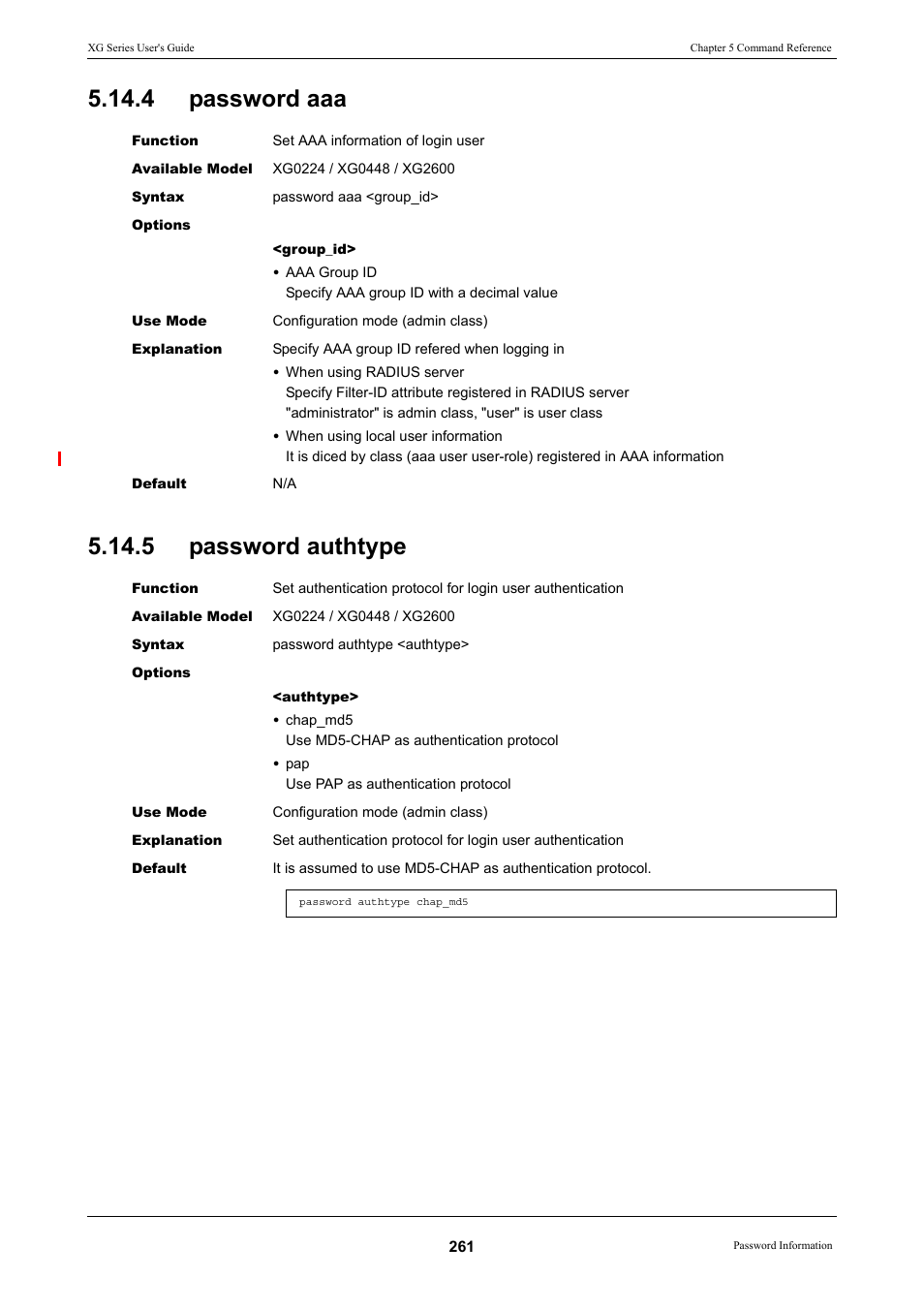 4 password aaa, 5 password authtype, Password aaa | Password authtype, 4 password aaa 5.14.5 password authtype | FUJITSU XG Series P3NK-4452-01ENZD User Manual | Page 261 / 614
