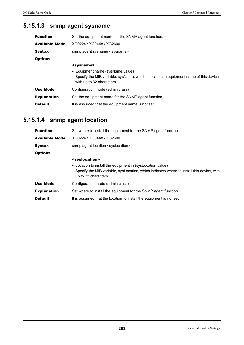 3 snmp agent sysname, 4 snmp agent location, 3 snmp agent sysname 5.15.1.4 snmp agent location | FUJITSU XG Series P3NK-4452-01ENZD User Manual | Page 263 / 614