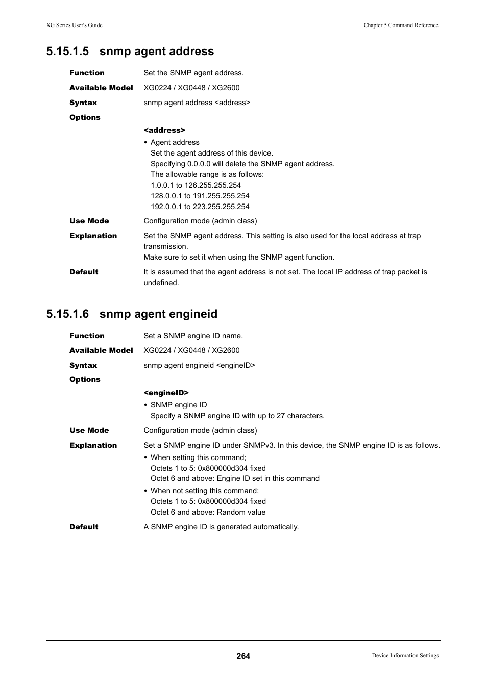 5 snmp agent address, 6 snmp agent engineid, 5 snmp agent address 5.15.1.6 snmp agent engineid | FUJITSU XG Series P3NK-4452-01ENZD User Manual | Page 264 / 614