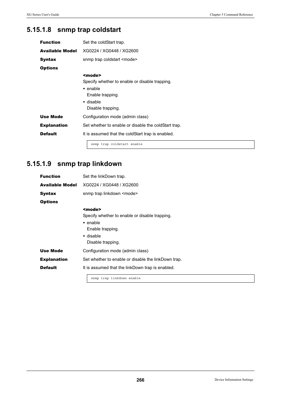 8 snmp trap coldstart, 9 snmp trap linkdown, 8 snmp trap coldstart 5.15.1.9 snmp trap linkdown | FUJITSU XG Series P3NK-4452-01ENZD User Manual | Page 266 / 614