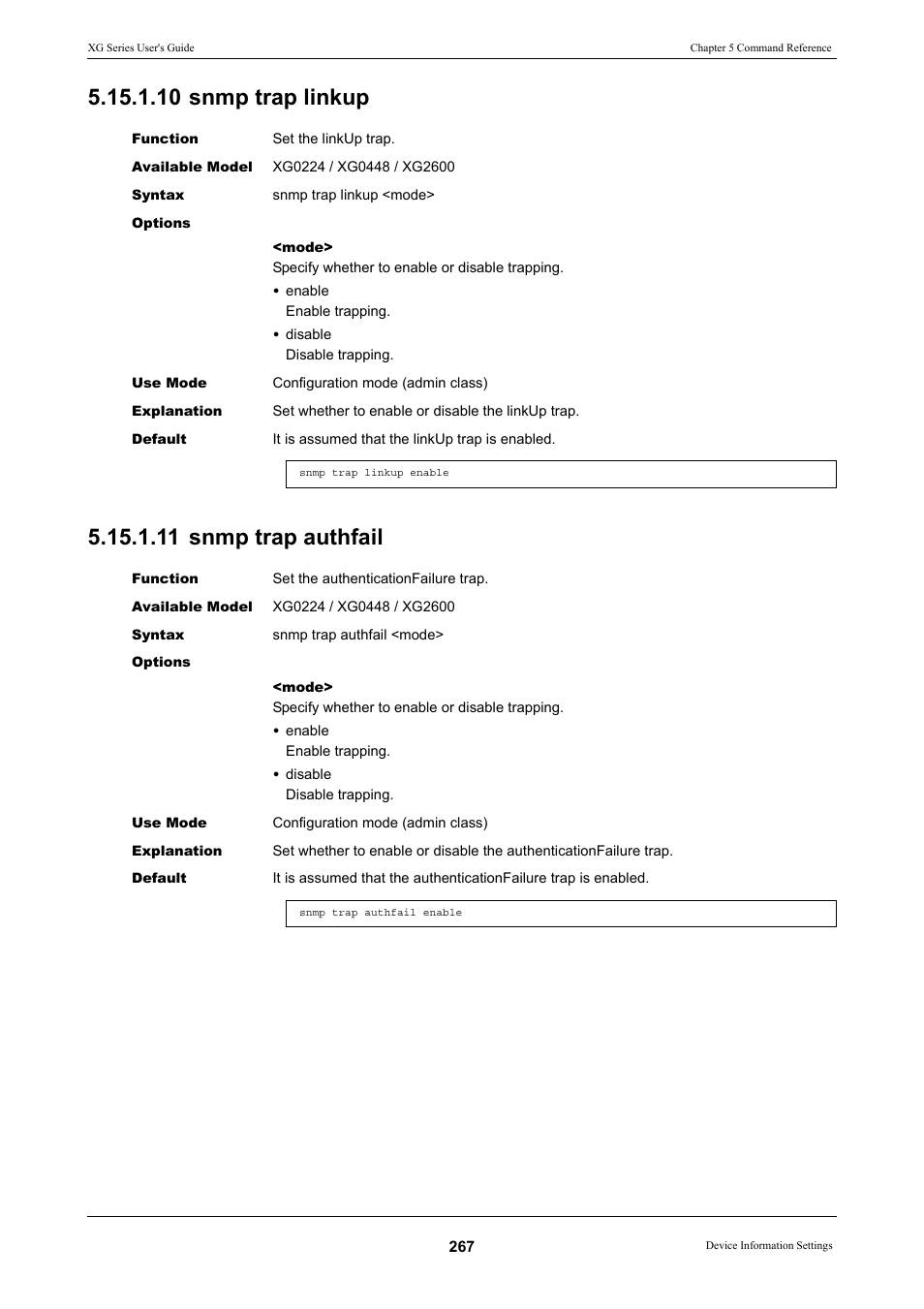 10 snmp trap linkup, 11 snmp trap authfail, 10 snmp trap linkup 5.15.1.11 snmp trap authfail | FUJITSU XG Series P3NK-4452-01ENZD User Manual | Page 267 / 614