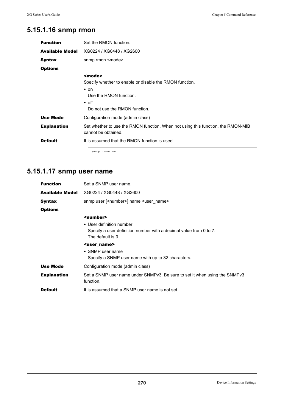 16 snmp rmon, 17 snmp user name, 16 snmp rmon 5.15.1.17 snmp user name | FUJITSU XG Series P3NK-4452-01ENZD User Manual | Page 270 / 614