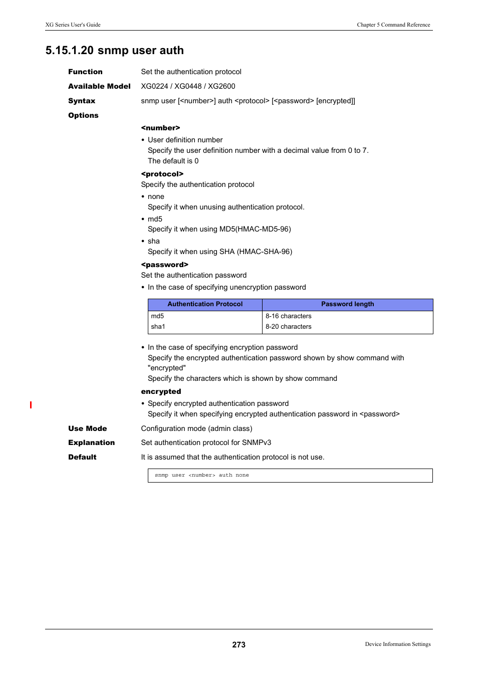 20 snmp user auth | FUJITSU XG Series P3NK-4452-01ENZD User Manual | Page 273 / 614