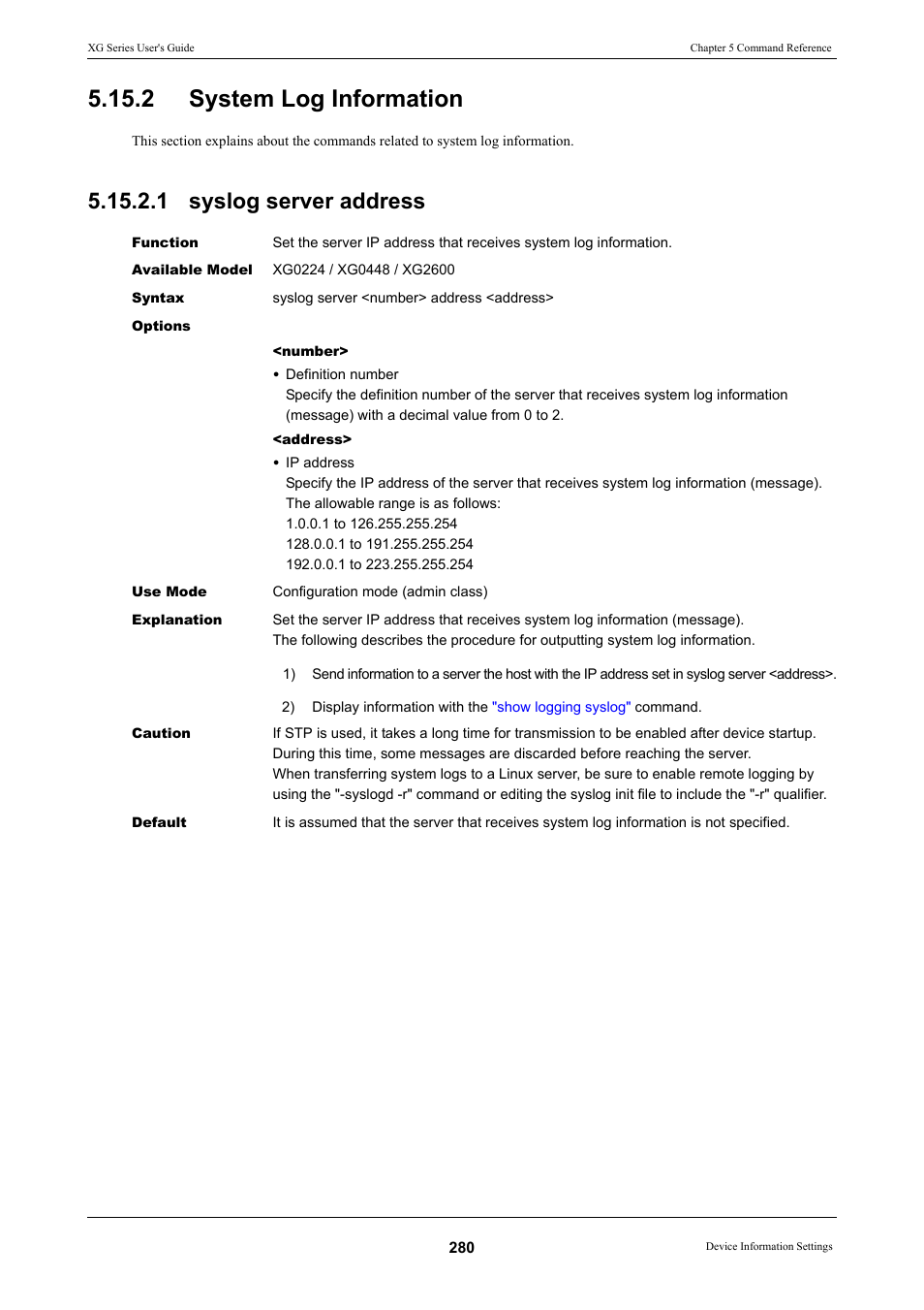 2 system log information, 1 syslog server address | FUJITSU XG Series P3NK-4452-01ENZD User Manual | Page 280 / 614