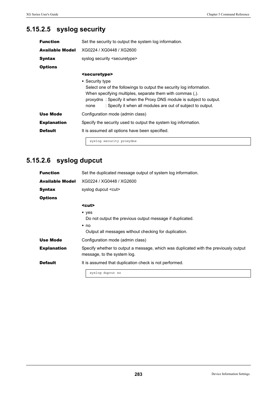 5 syslog security, 6 syslog dupcut, 5 syslog security 5.15.2.6 syslog dupcut | FUJITSU XG Series P3NK-4452-01ENZD User Manual | Page 283 / 614