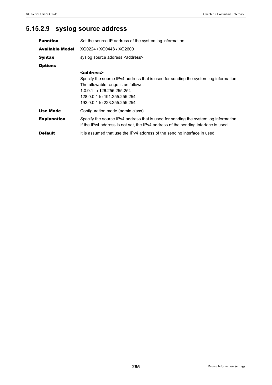 9 syslog source address | FUJITSU XG Series P3NK-4452-01ENZD User Manual | Page 285 / 614