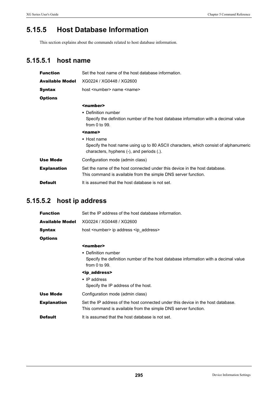 5 host database information, 1 host name, 2 host ip address | FUJITSU XG Series P3NK-4452-01ENZD User Manual | Page 295 / 614