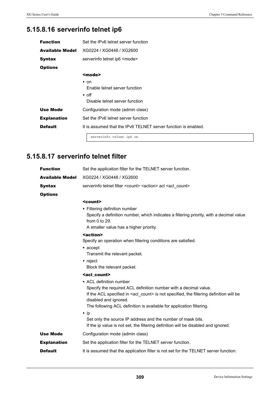 16 serverinfo telnet ip6, 17 serverinfo telnet filter | FUJITSU XG Series P3NK-4452-01ENZD User Manual | Page 309 / 614