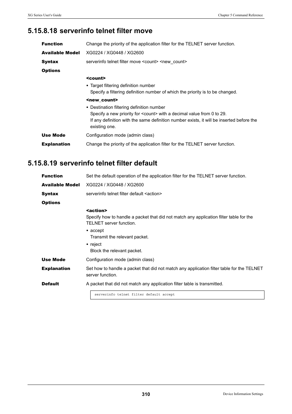 18 serverinfo telnet filter move, 19 serverinfo telnet filter default | FUJITSU XG Series P3NK-4452-01ENZD User Manual | Page 310 / 614