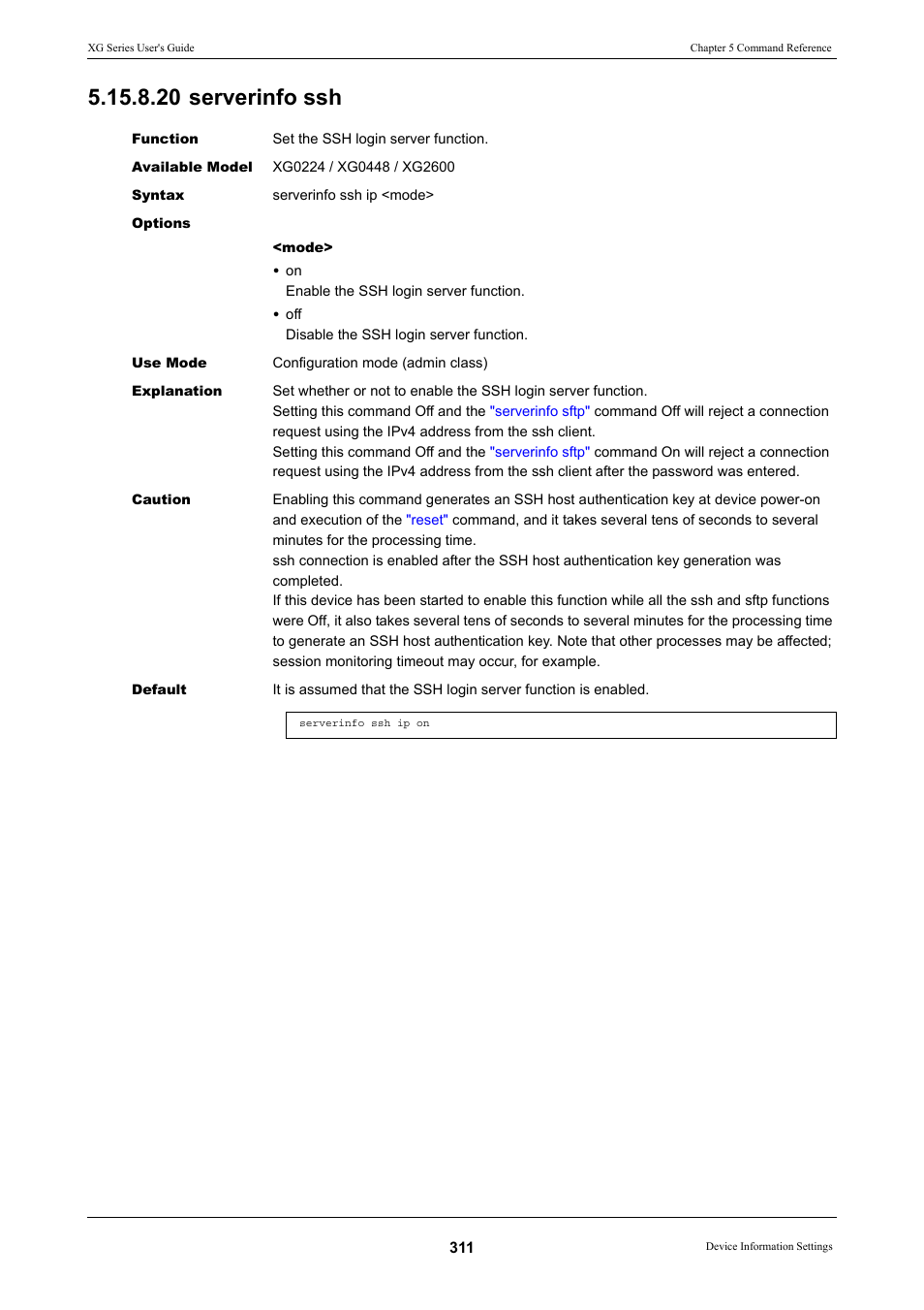 20 serverinfo ssh, Is command off and the, Serverinfo ssh | Comm | FUJITSU XG Series P3NK-4452-01ENZD User Manual | Page 311 / 614