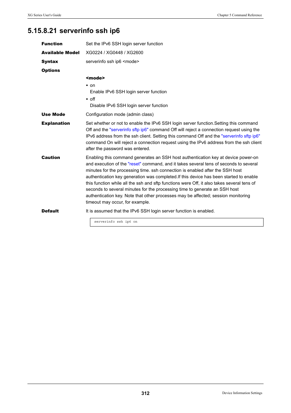 21 serverinfo ssh ip6, Serverinfo ssh ip6, Command on will reject a | FUJITSU XG Series P3NK-4452-01ENZD User Manual | Page 312 / 614