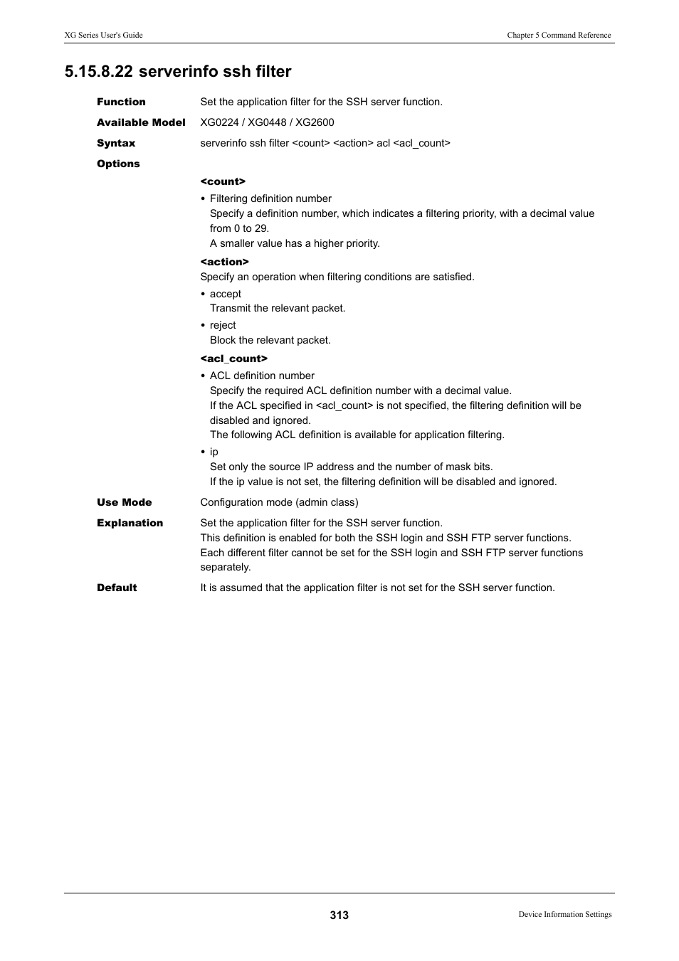 22 serverinfo ssh filter | FUJITSU XG Series P3NK-4452-01ENZD User Manual | Page 313 / 614