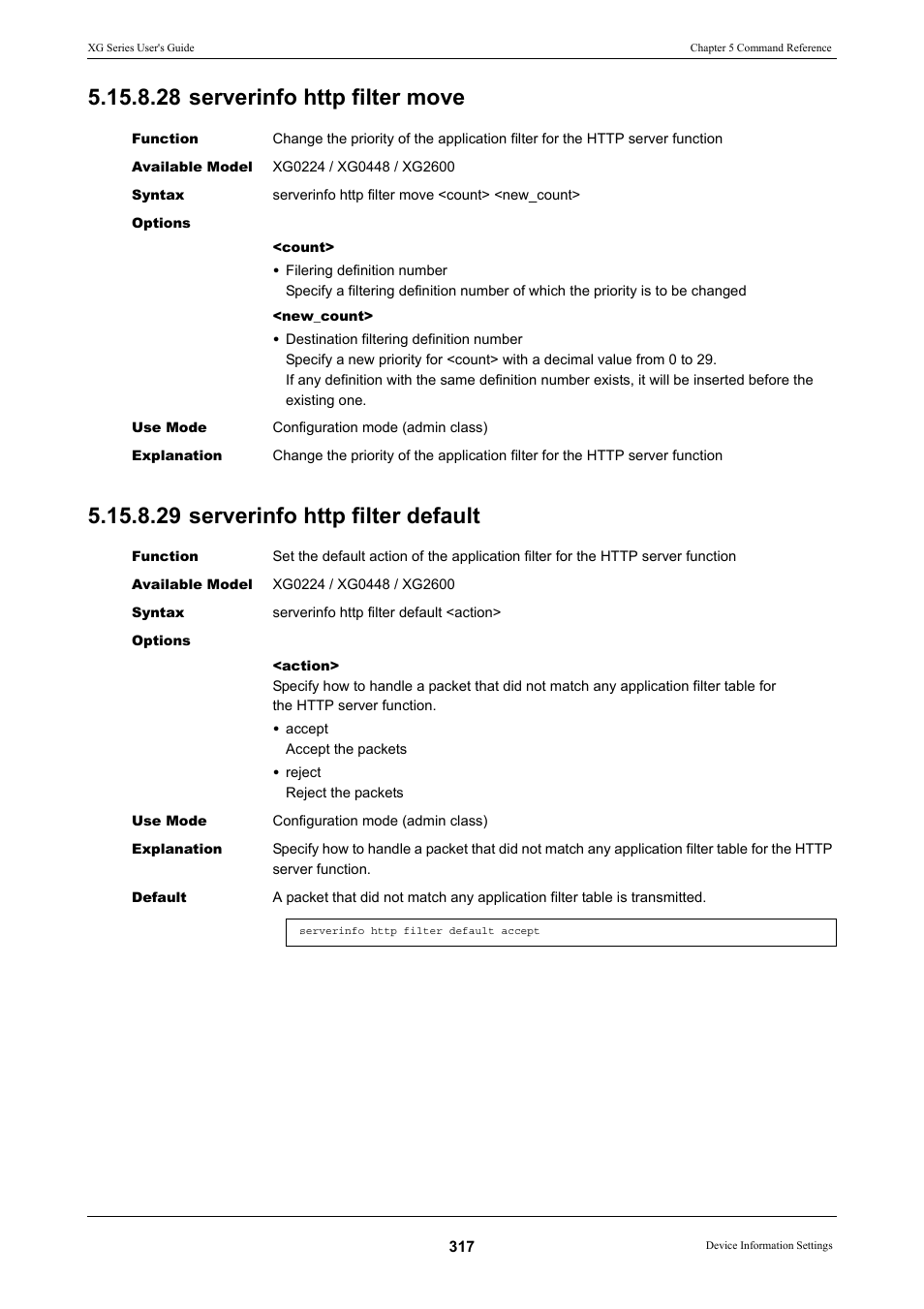 28 serverinfo http filter move, 29 serverinfo http filter default | FUJITSU XG Series P3NK-4452-01ENZD User Manual | Page 317 / 614