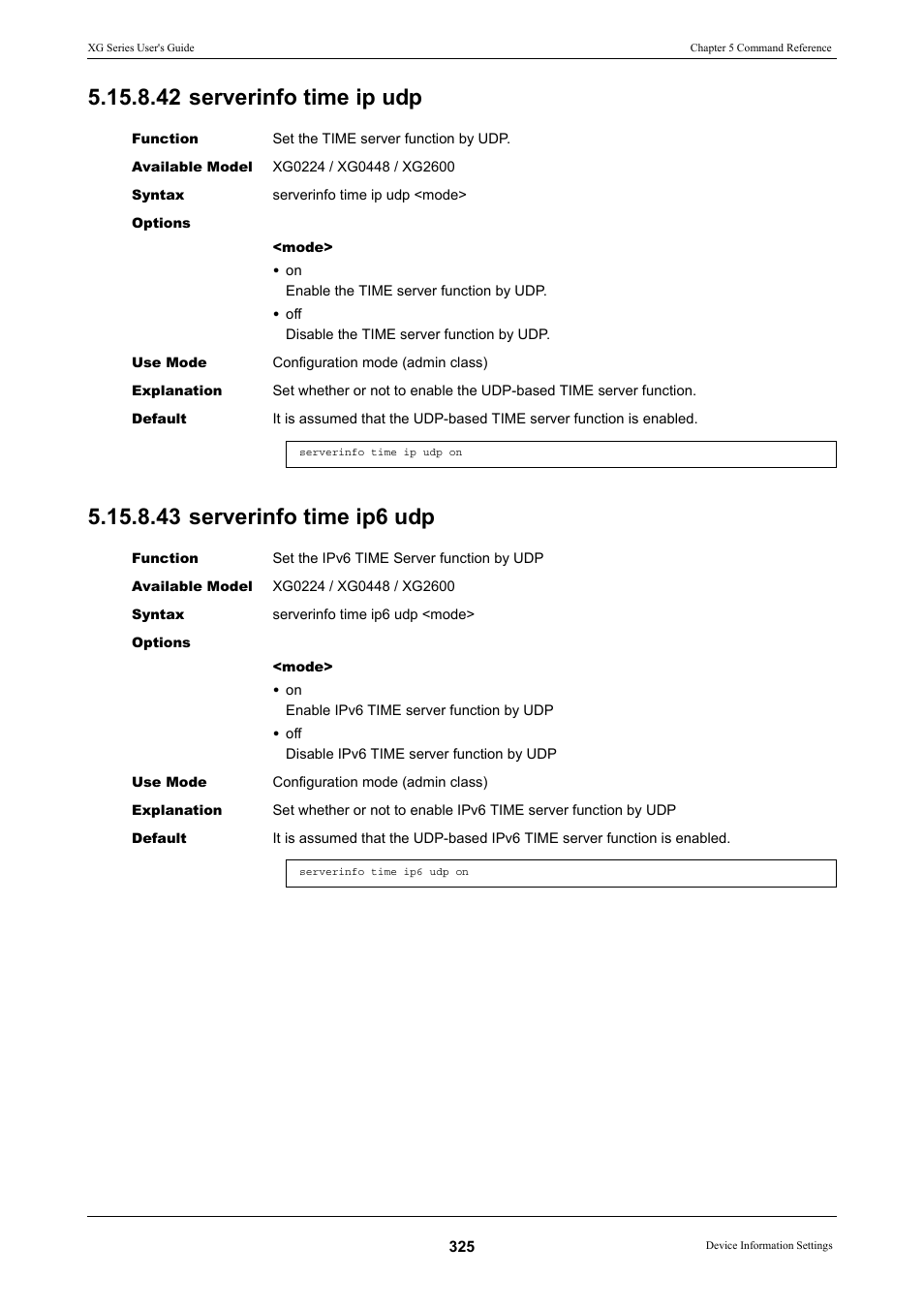 42 serverinfo time ip udp, 43 serverinfo time ip6 udp | FUJITSU XG Series P3NK-4452-01ENZD User Manual | Page 325 / 614