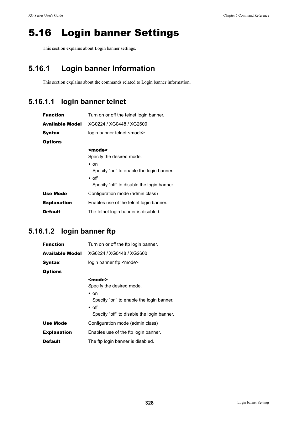 16 login banner settings, 1 login banner information, 1 login banner telnet | 2 login banner ftp | FUJITSU XG Series P3NK-4452-01ENZD User Manual | Page 328 / 614