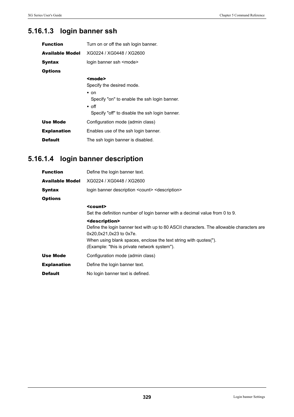 3 login banner ssh, 4 login banner description | FUJITSU XG Series P3NK-4452-01ENZD User Manual | Page 329 / 614