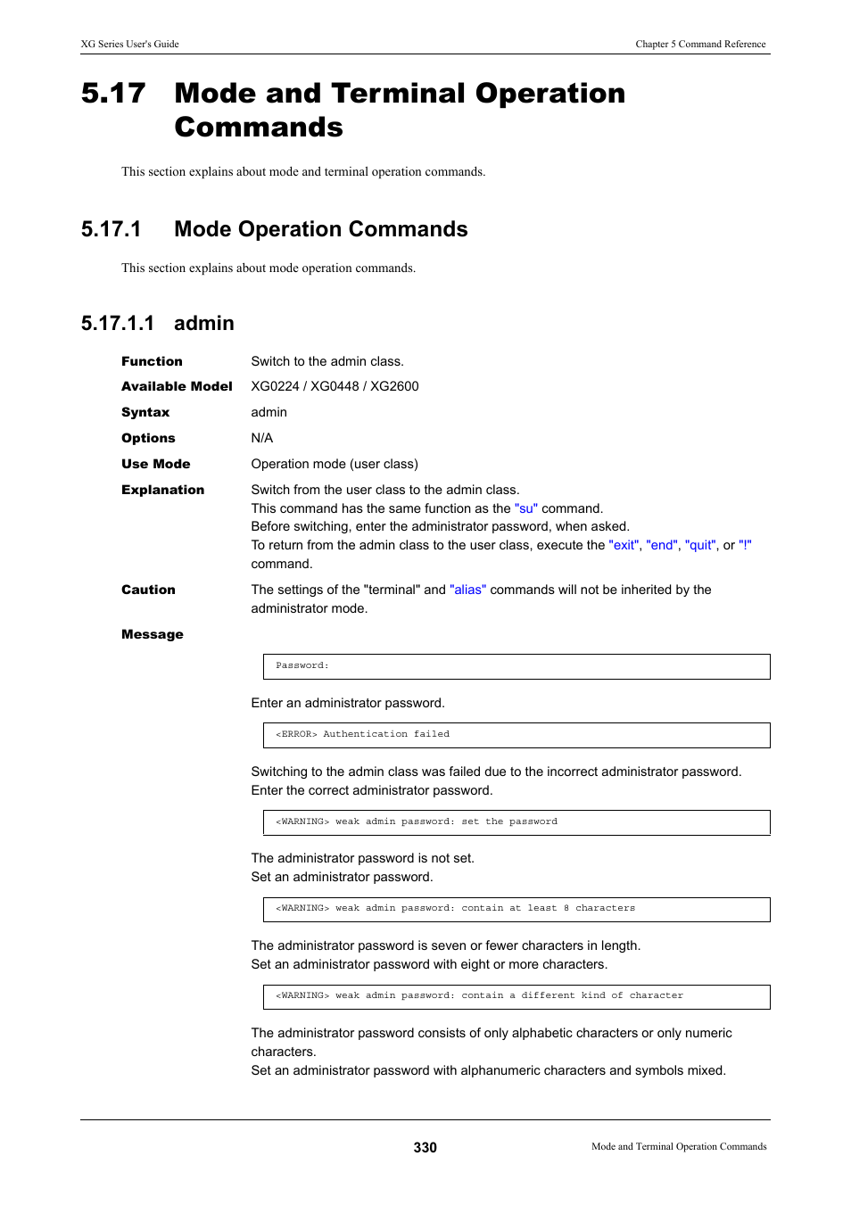 17 mode and terminal operation commands, 1 mode operation commands, 1 admin | Mode operation commands 5.17.1.1 admin, Admin, Command | FUJITSU XG Series P3NK-4452-01ENZD User Manual | Page 330 / 614