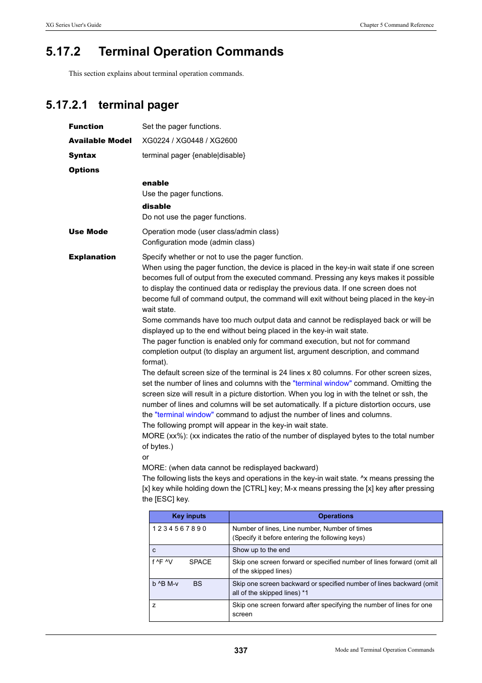 2 terminal operation commands, 1 terminal pager | FUJITSU XG Series P3NK-4452-01ENZD User Manual | Page 337 / 614