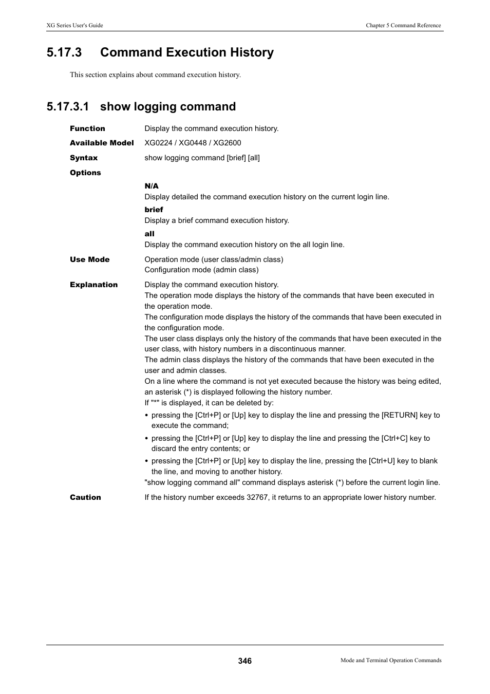 3 command execution history, 1 show logging command | FUJITSU XG Series P3NK-4452-01ENZD User Manual | Page 346 / 614