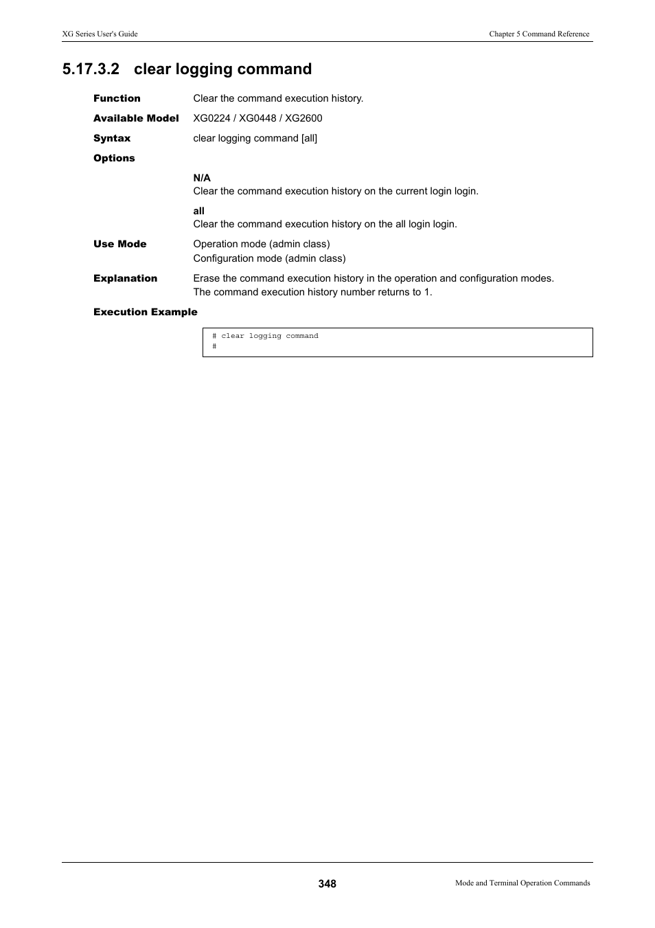 2 clear logging command | FUJITSU XG Series P3NK-4452-01ENZD User Manual | Page 348 / 614