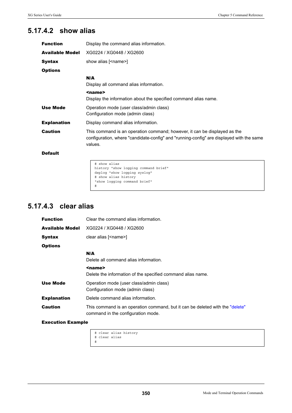 2 show alias, 3 clear alias, 2 show alias 5.17.4.3 clear alias | FUJITSU XG Series P3NK-4452-01ENZD User Manual | Page 350 / 614
