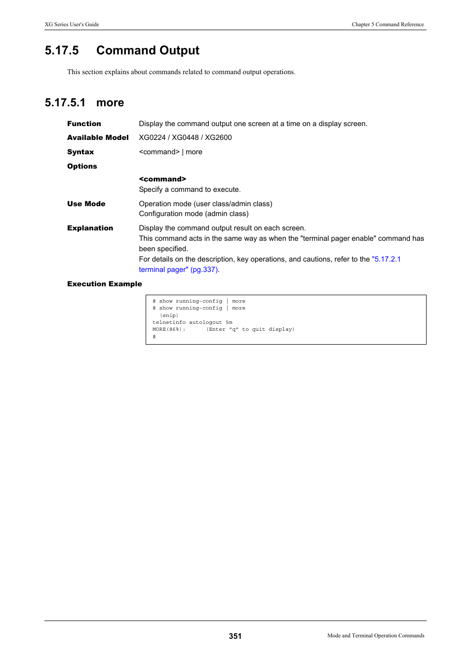 5 command output, 1 more, Command output 5.17.5.1 more | FUJITSU XG Series P3NK-4452-01ENZD User Manual | Page 351 / 614