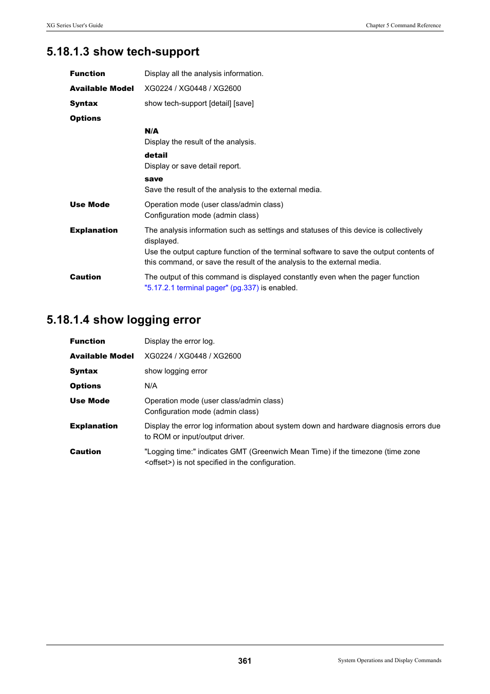3 show tech-support, 4 show logging error, 3 show tech-support 5.18.1.4 show logging error | FUJITSU XG Series P3NK-4452-01ENZD User Manual | Page 361 / 614