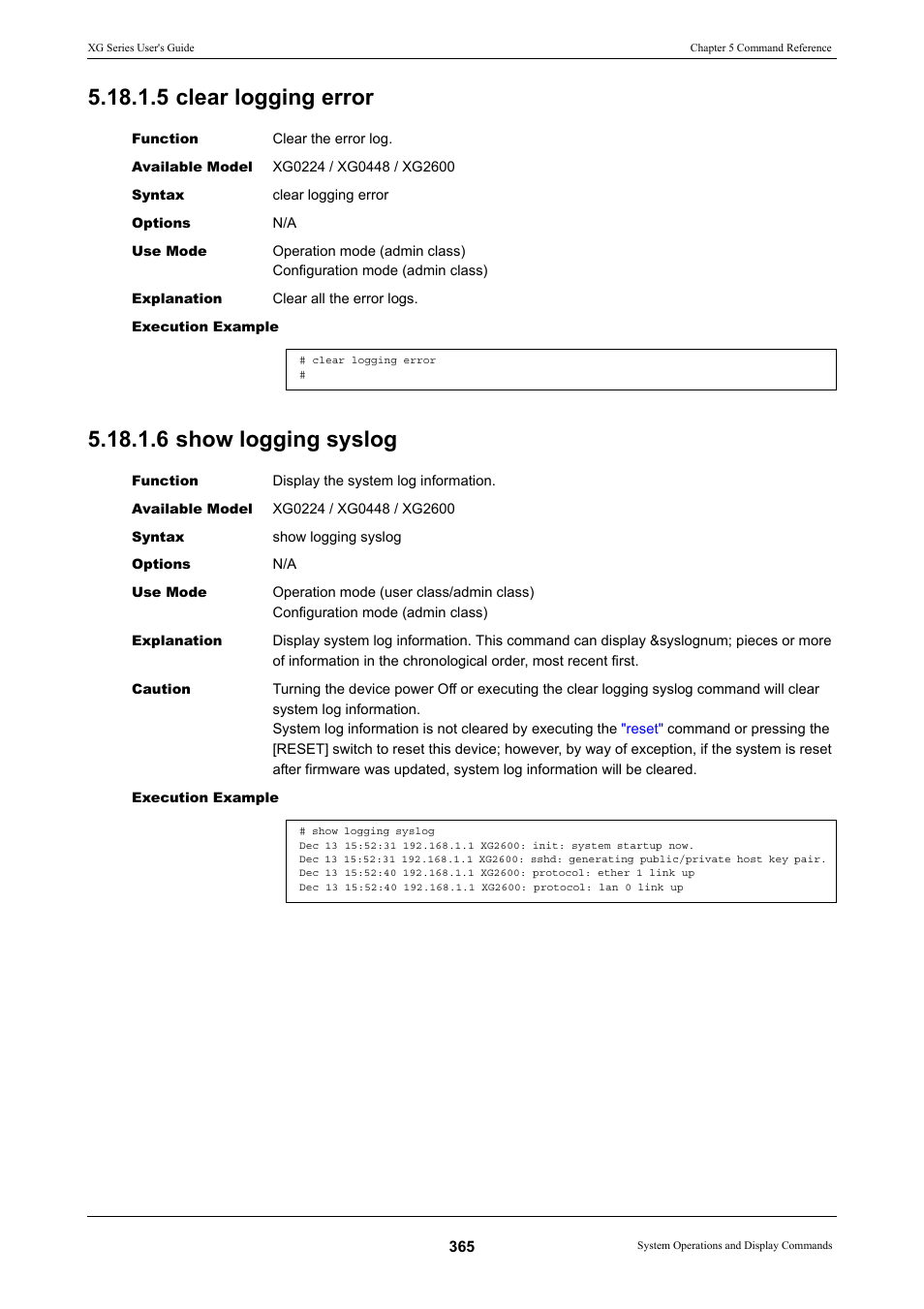 5 clear logging error, 6 show logging syslog, 5 clear logging error 5.18.1.6 show logging syslog | FUJITSU XG Series P3NK-4452-01ENZD User Manual | Page 365 / 614
