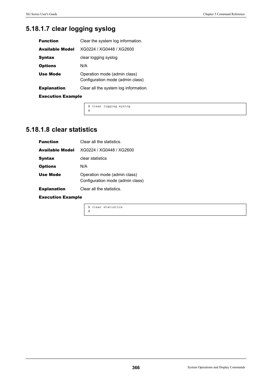 7 clear logging syslog, 8 clear statistics, 7 clear logging syslog 5.18.1.8 clear statistics | FUJITSU XG Series P3NK-4452-01ENZD User Manual | Page 366 / 614